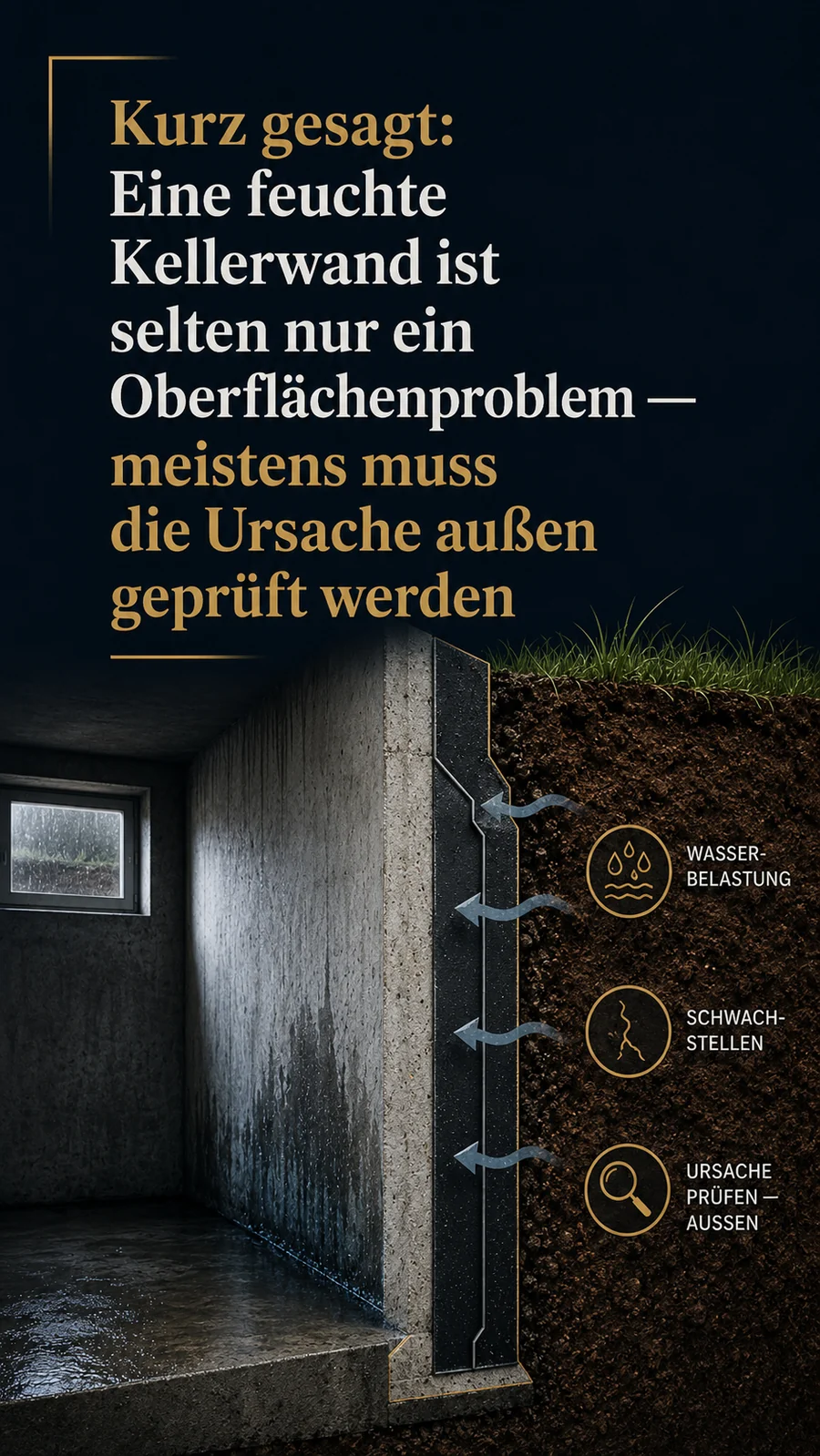 Detailbild Kellerwand mit Feuchtigkeit und Wasserbelastung