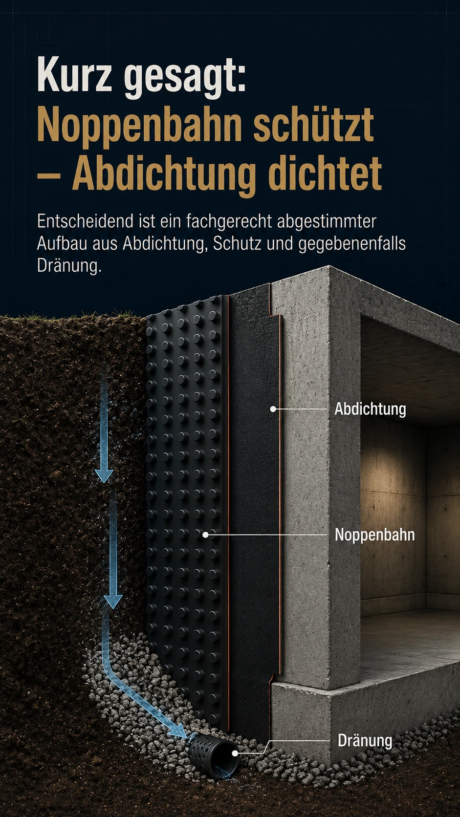 Detailbild Kellerabdichtung mit Noppenbahn, Schutzlage und Entwässerung
